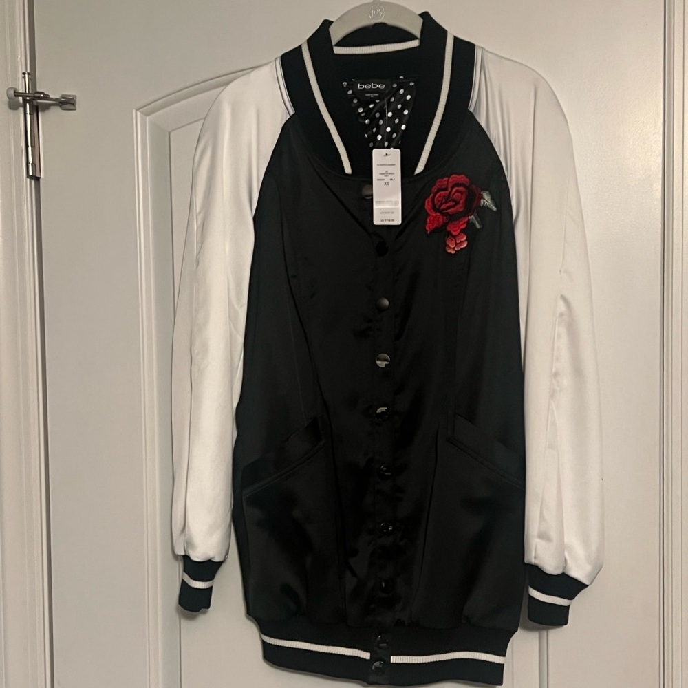 NWT Bebe Black and White Satin Elongated Bomber Jacket